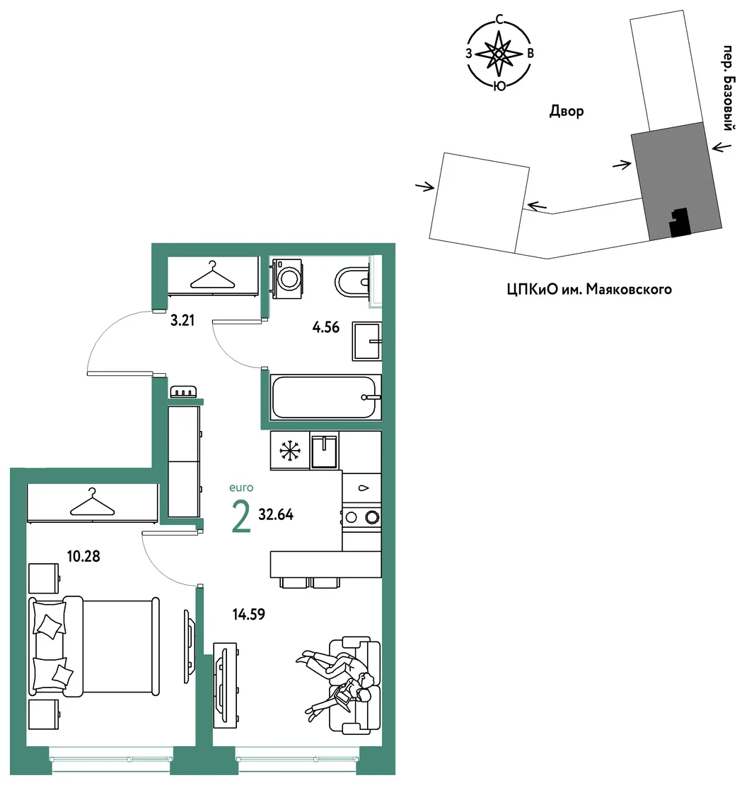 Планировка 2-комн. квартира, 32.64 м² ЖК «Сибирский сад»