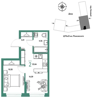 Планировка 2-комн. квартира, 32.64 м² ЖК «Сибирский сад»