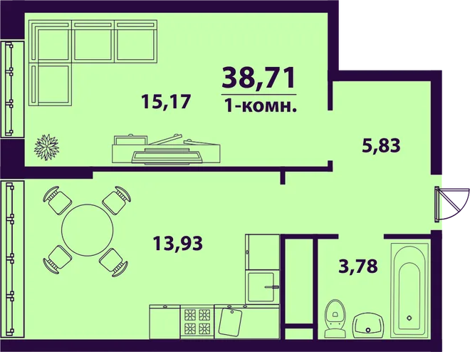 Планировка 1-комн. квартира, 38.71 м² ЖК «Сиреневый» Планировка 1-комн. квартира, 38.71 м² ЖК «Сиреневый»