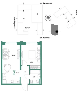 Планировка 2-комн. квартира, 38.47 м² ЖК «Остров-сад»