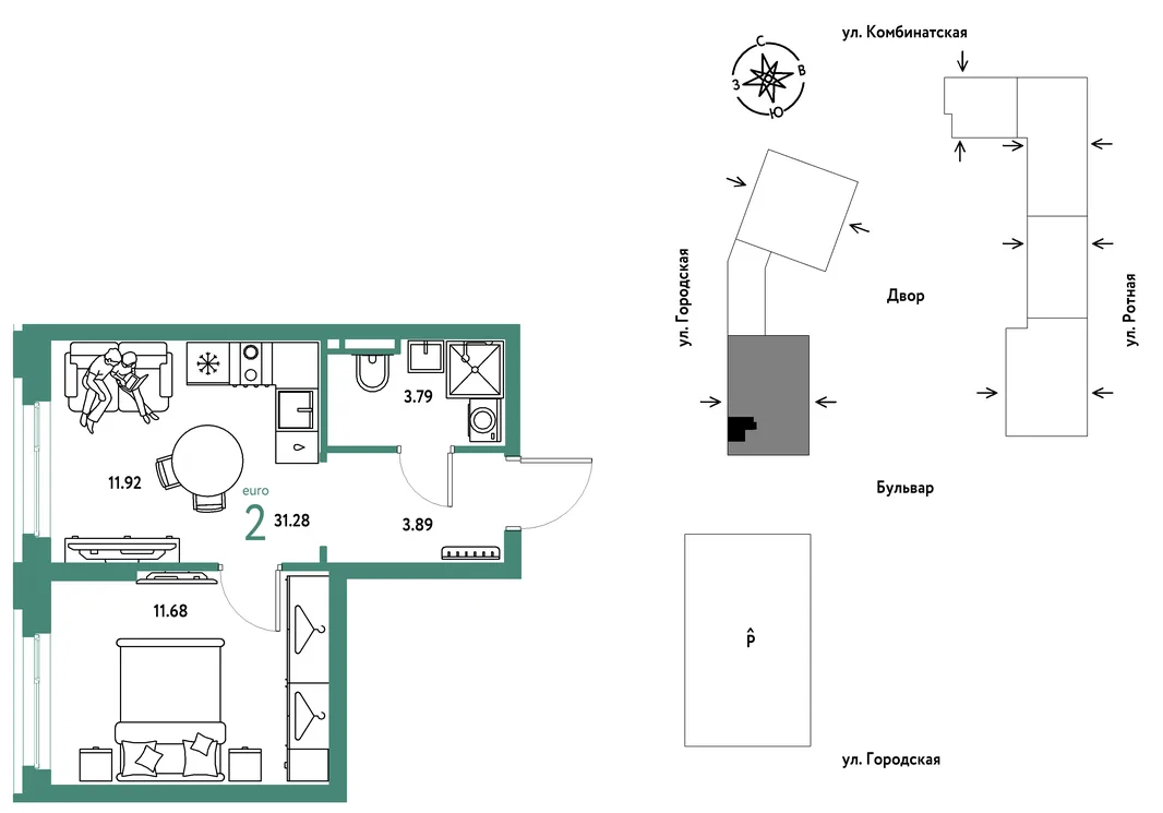 Планировка 2-комн. квартира, 31.28 м² ЖК «Уральский сад»