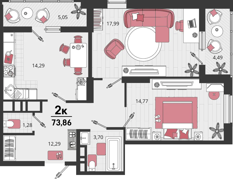 Планировка 2-комн. квартира, 73.86 м² ЖК «Родные просторы»