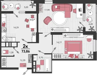Планировка 2-комн. квартира, 73.86 м² ЖК «Родные просторы»