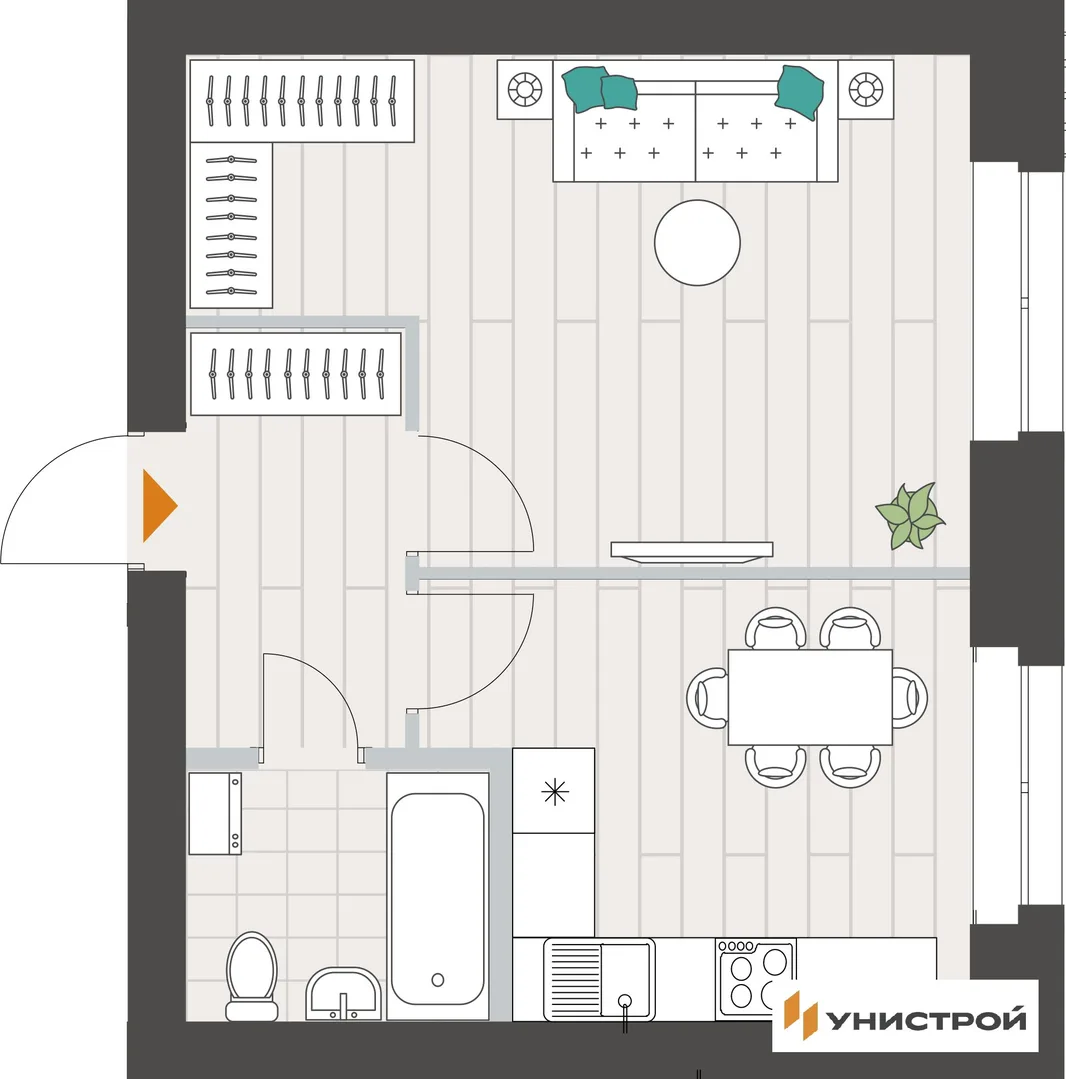 Планировка 1-комн. квартира, 38.59 м² ЖК «Аквамарин»