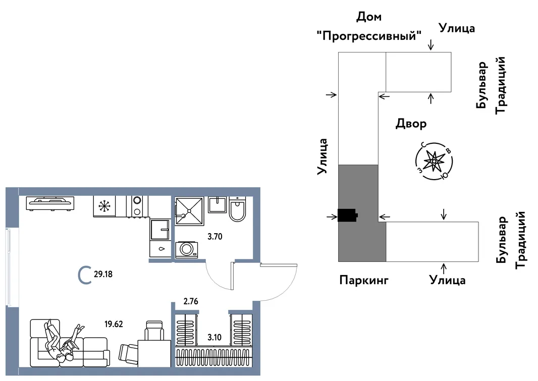 Планировка Студия, 29.18 м² ЖК «Микрорайон Домашний»