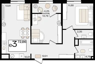 Планировка 3-комн. квартира, 72.86 м² ЖК «Патрики»