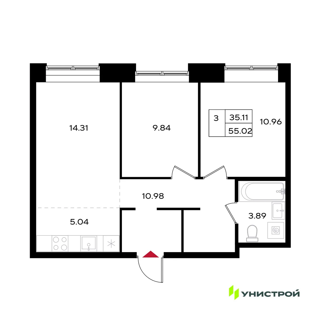 Планировка 3-комн. квартира, 55.02 м² ЖК «Уникум на Энгельса»