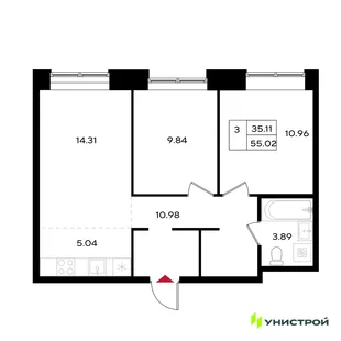 Планировка 3-комн. квартира, 55.02 м² ЖК «Уникум на Энгельса»