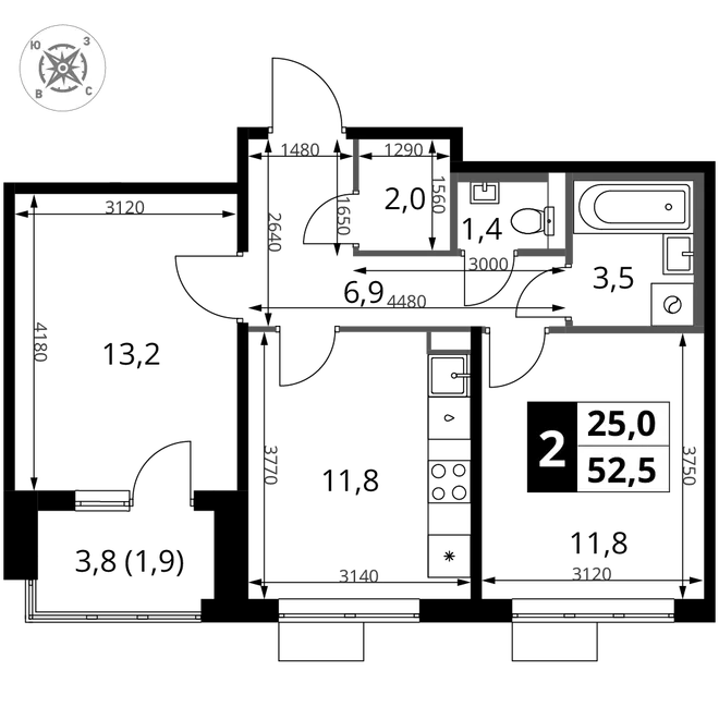 Планировка 2-комн. квартира, 52.5 м² ЖК «1-й Шереметьевский» Планировка 2-комн. квартира, 52.5 м² ЖК «1-й Шереметьевский»