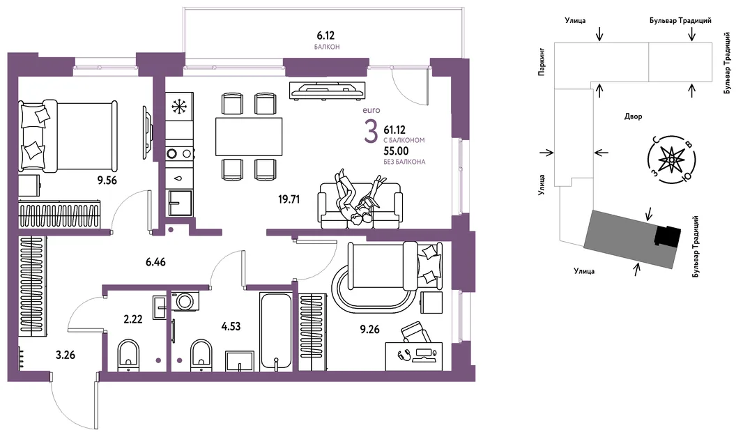 Планировка 3-комн. квартира, 61.12 м² ЖК «Микрорайон Домашний»