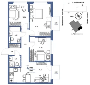 Планировка 4-комн. квартира, 77.92 м² ЖК «Страна Прибрежная»