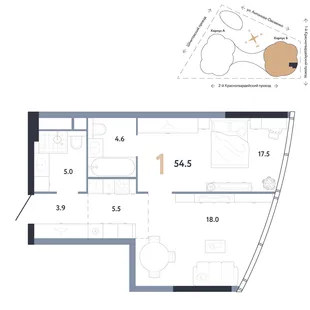 Планировка 1-комн. квартира, 54.5 м² ЖК «АУРУС Резиденции»