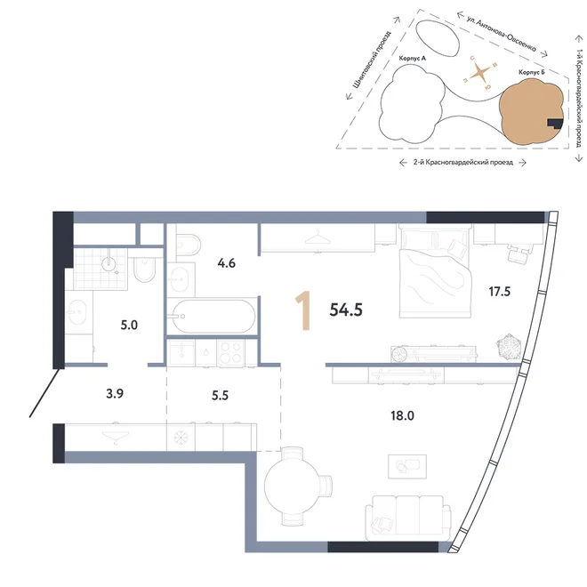Планировка 1-комн. квартира, 54.5 м² ЖК «АУРУС Резиденции» Планировка 1-комн. квартира, 54.5 м² ЖК «АУРУС Резиденции»