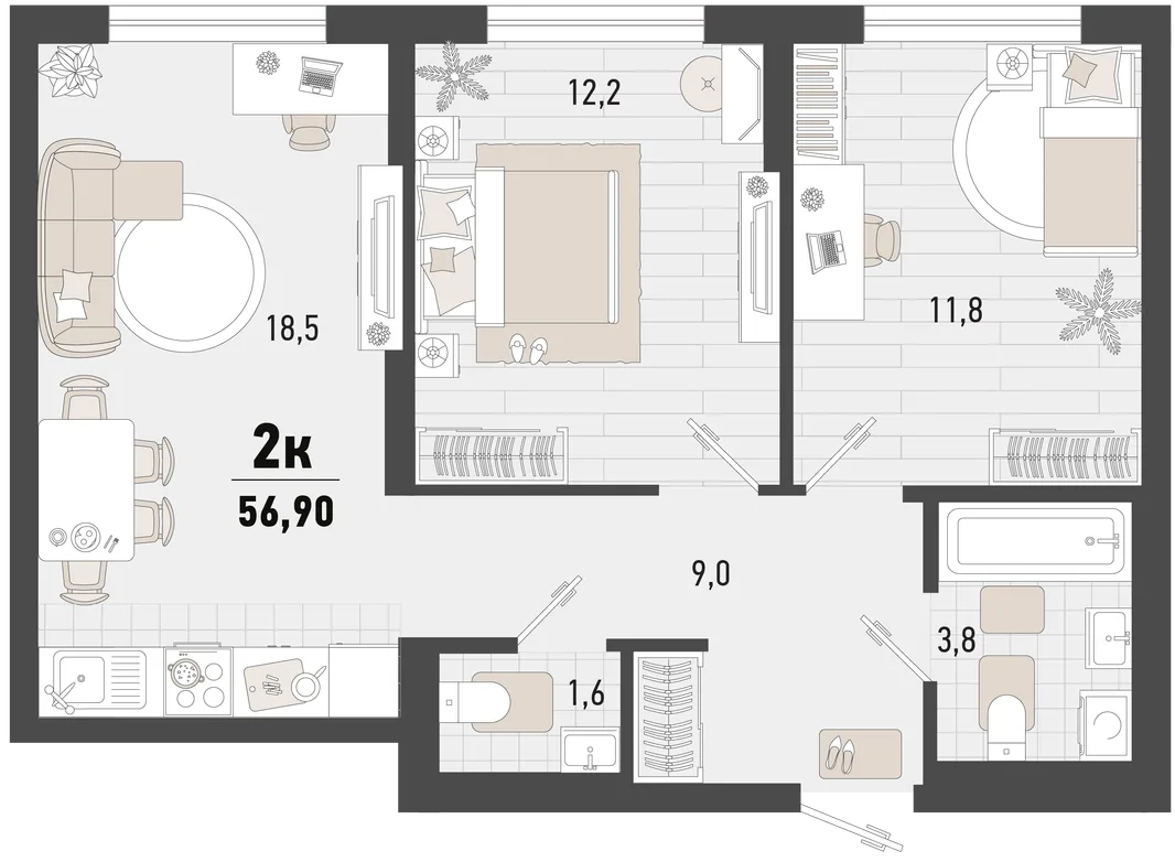 Планировка 2-комн. квартира, 56.9 м² ЖК «Барса»