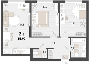 Планировка 2-комн. квартира, 56.9 м² ЖК «Барса»