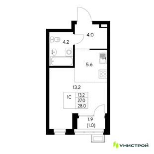 Планировка 1-комн. квартира, 28 м² ЖК «Стадиум»