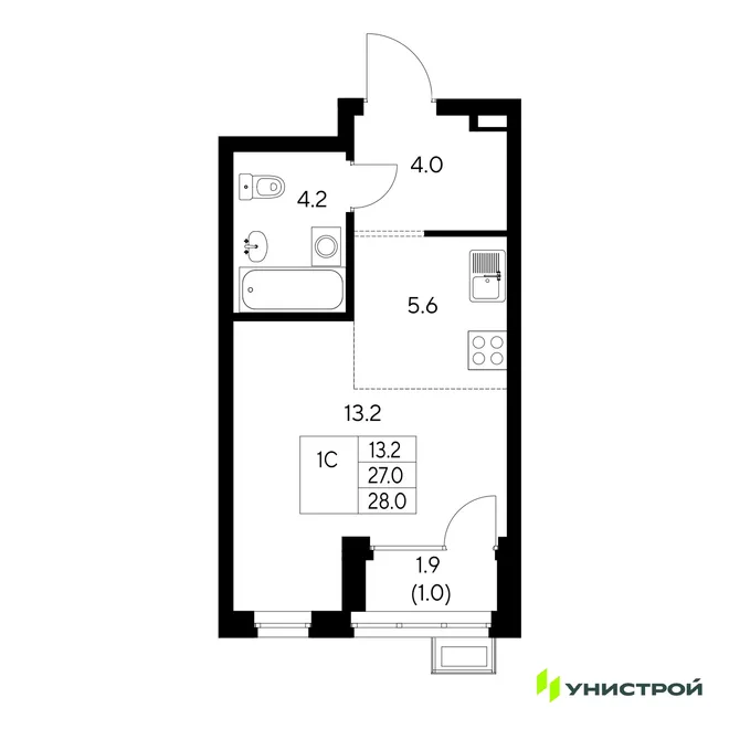 Планировка 1-комн. квартира, 28 м² ЖК «Стадиум»