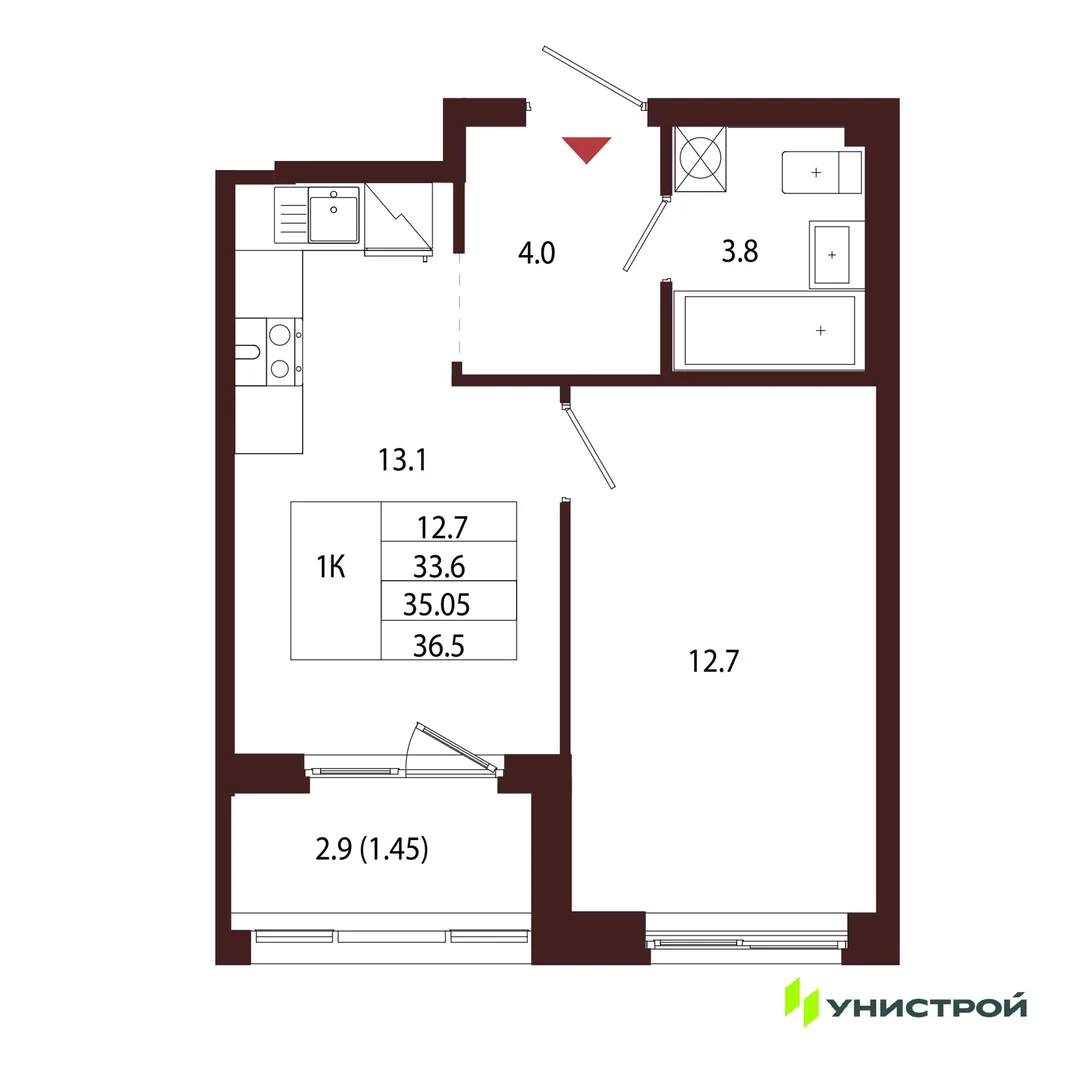 Планировка 1-комн. квартира, 35.05 м² ЖК «Лисино»