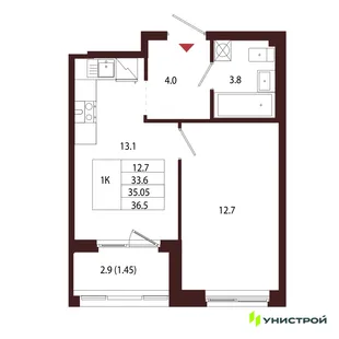 Планировка 1-комн. квартира, 35.05 м² ЖК «Лисино»
