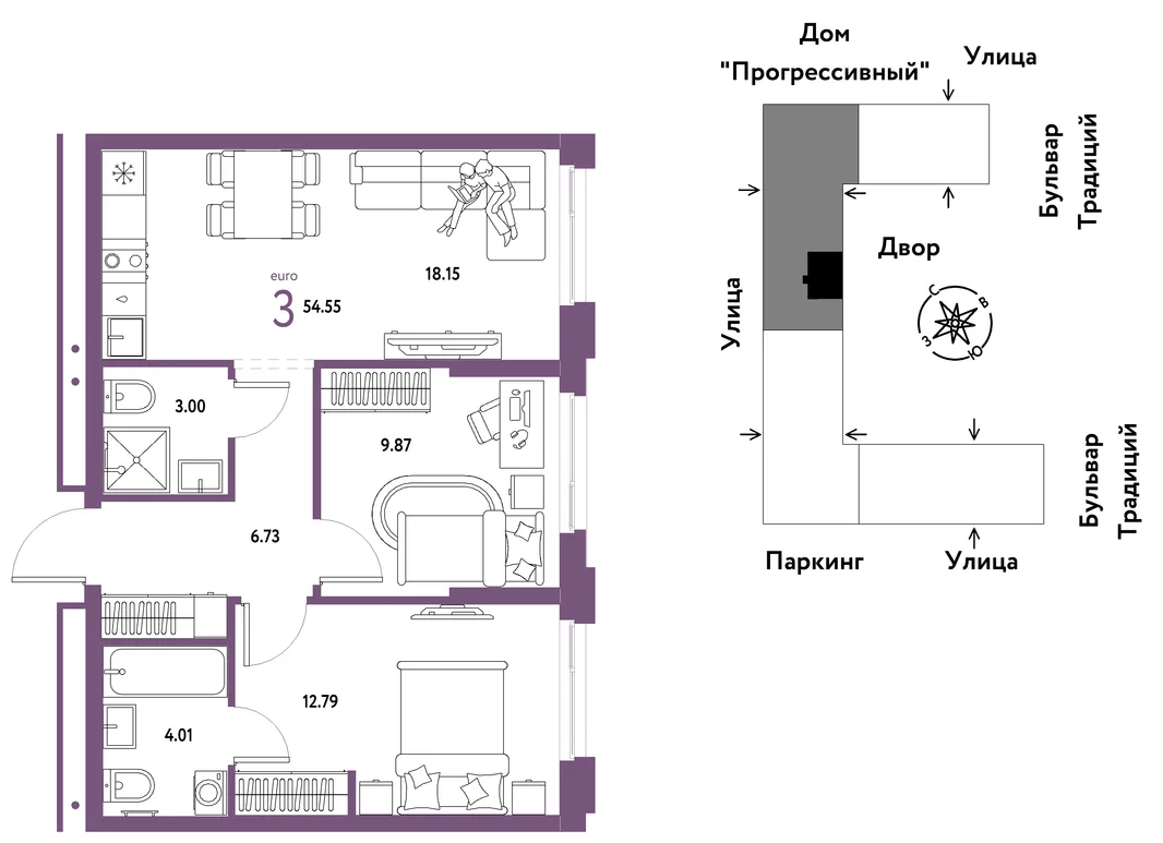 Планировка 3-комн. квартира, 54.55 м² ЖК «Микрорайон Домашний»