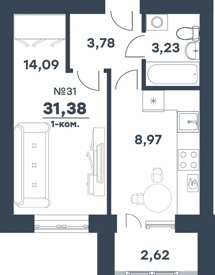 Планировка 1-комн. квартира, 31.38 м² ЖК «мкр. Долина»