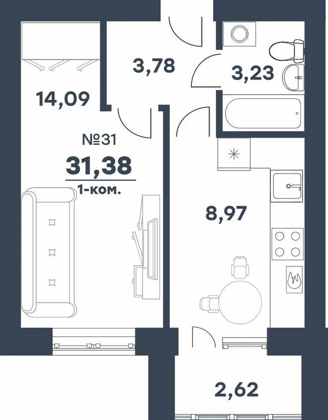Планировка 1-комн. квартира, 31.38 м² ЖК «мкр. Долина»