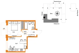 Планировка 1-комн. квартира, 36.76 м² ЖК «Европейский берег 2.0»