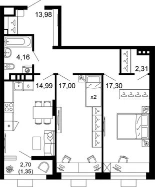 Планировка 2-комн. квартира, 71.3 м² ЖК «Клубный квартал 1799»