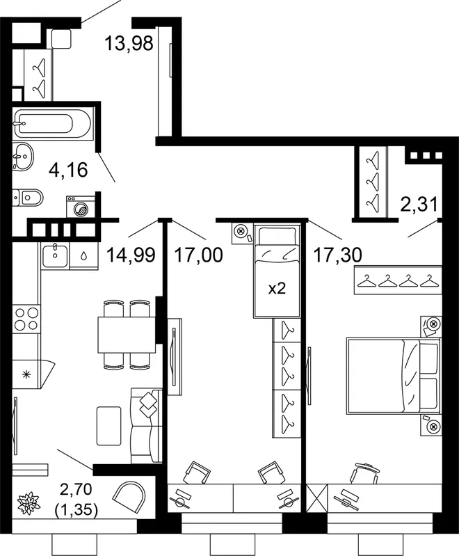 Планировка 2-комн. квартира, 71.3 м² ЖК «Клубный квартал 1799»