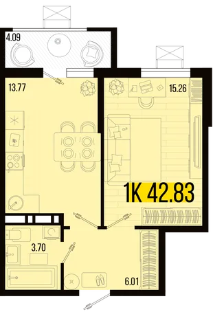 Планировка 1-комн. квартира, 40.79 м² ЖК «Цветной бульвар»
