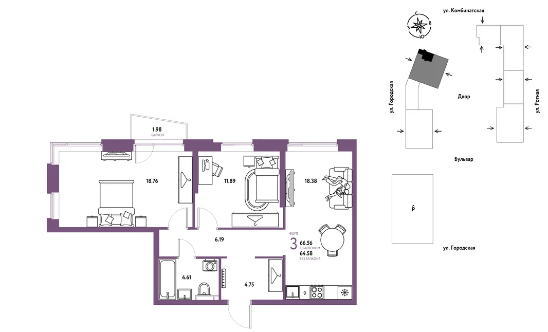 Планировка 3-комн. квартира, 66.56 м² ЖК «Уральский сад»