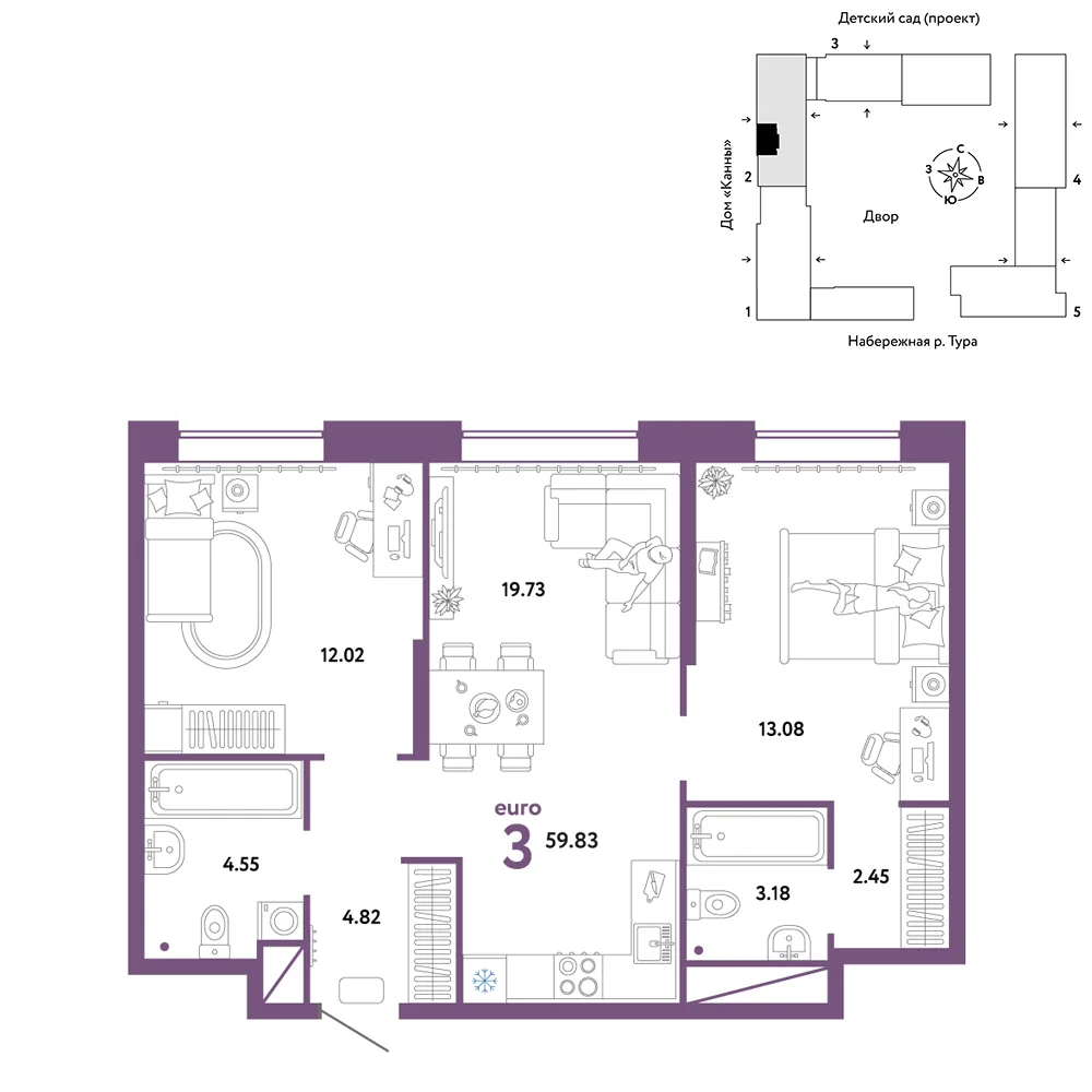 Планировка 3-комн. квартира, 59.83 м² ЖК «Европейский берег 2.0»