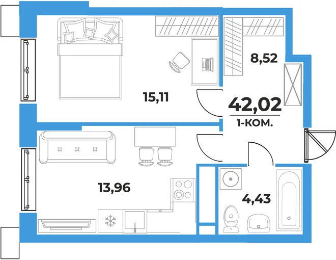 Планировка 1-комн. квартира, 42.02 м² ЖК «На семи холмах» Планировка 1-комн. квартира, 42.02 м² ЖК «На семи холмах»