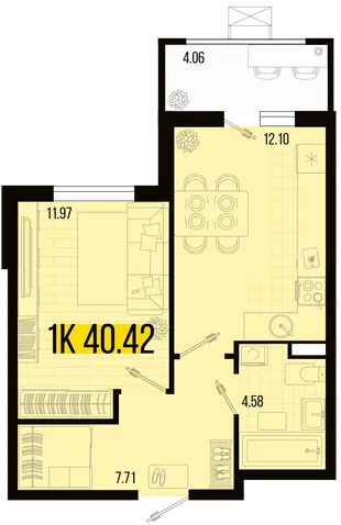 Планировка 1-комн. квартира, 38.39 м² ЖК «Цветной бульвар»