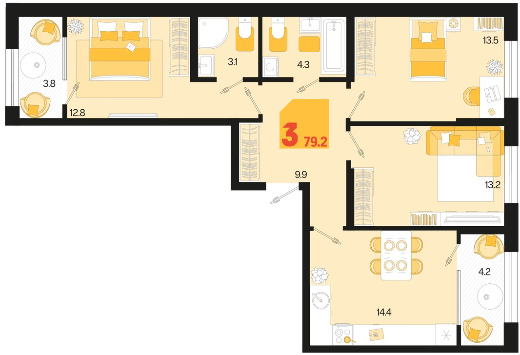 Планировка 3-комн. квартира, 79.2 м² ЖК «Первое место»