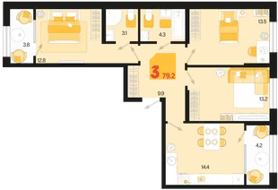 Планировка 3-комн. квартира, 79.2 м² ЖК «Первое место»