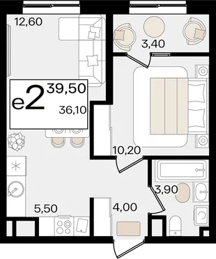 Планировка 2-комн. квартира, 39.5 м² ЖК «Патрики»