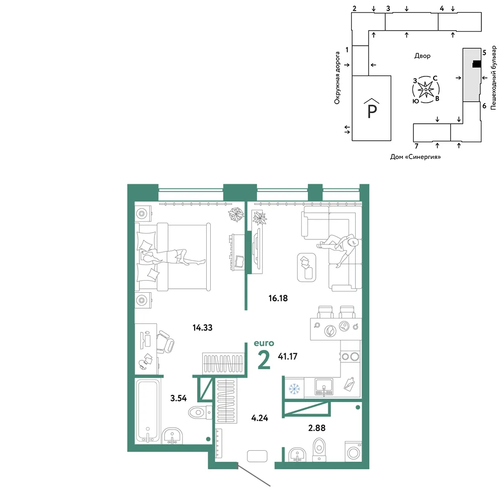 Планировка 2-комн. квартира, 41.17 м² ЖК «Юнион»
