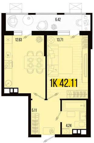 Планировка 1-комн. квартира, 38.9 м² ЖК «Цветной бульвар»