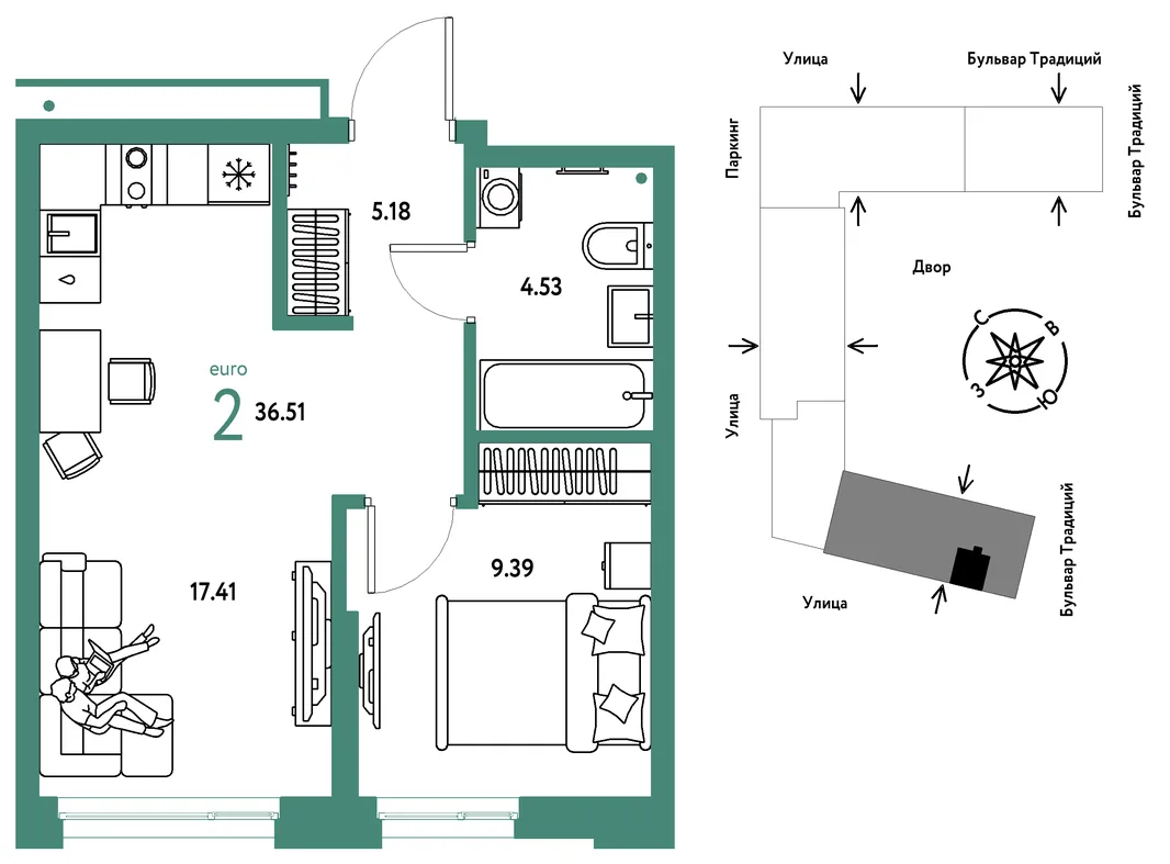 Планировка 2-комн. квартира, 36.51 м² ЖК «Микрорайон Домашний»