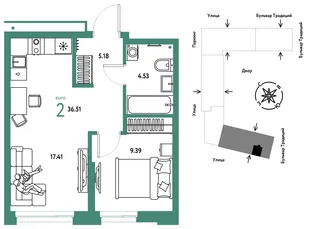 Планировка 2-комн. квартира, 36.51 м² ЖК «Микрорайон Домашний»