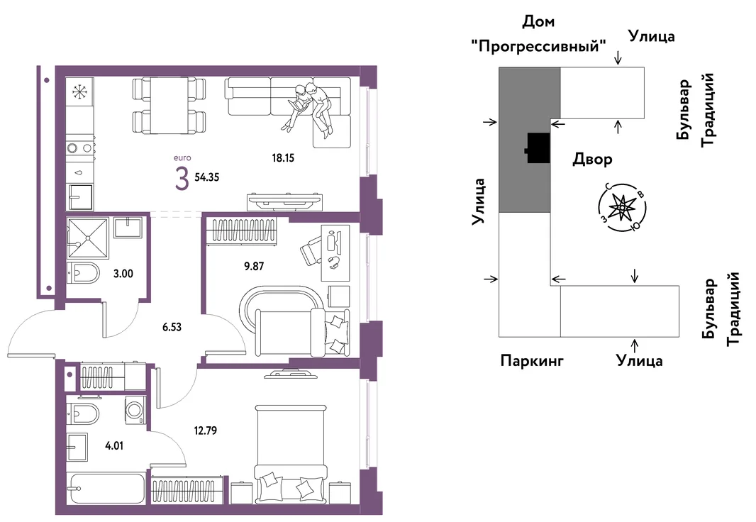 Планировка 3-комн. квартира, 54.35 м² ЖК «Микрорайон Домашний»