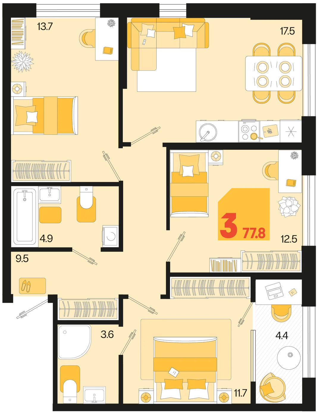 Планировка 3-комн. квартира, 77.8 м² ЖК «Первое место»