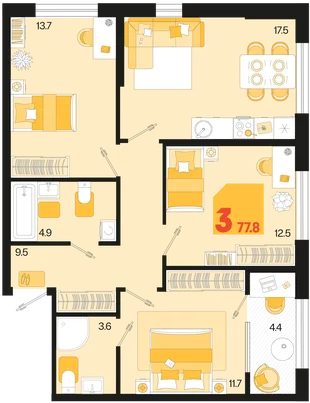 Планировка 3-комн. квартира, 77.8 м² ЖК «Первое место»