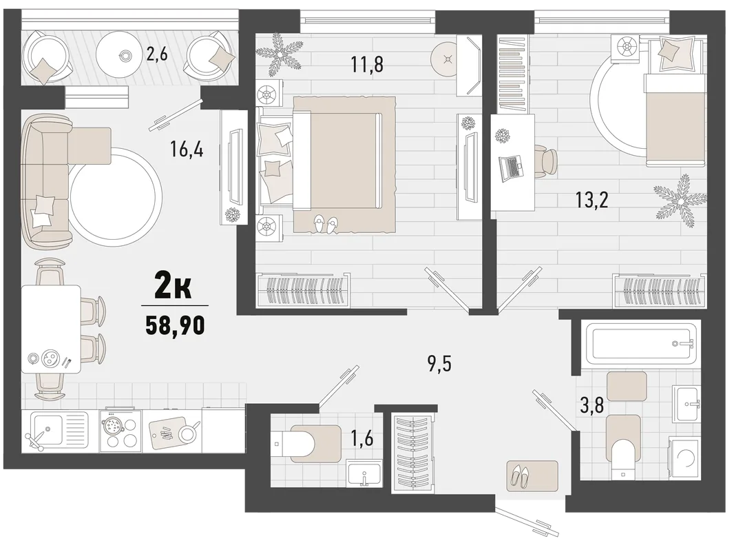 Планировка 2-комн. квартира, 58.9 м² ЖК «Барса»