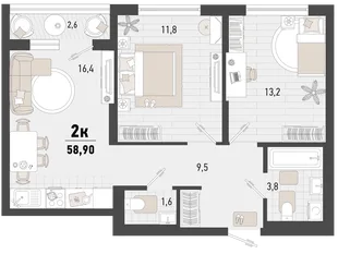 Планировка 2-комн. квартира, 58.9 м² ЖК «Барса»