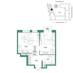 Планировка 2-комн. квартира, 38.49 м² ЖК «Микрорайон Домашний»