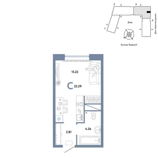 Планировка Студия, 22.29 м² ЖК «Микрорайон Домашний»