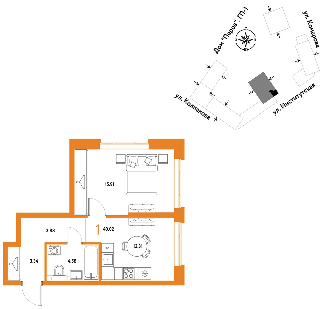 Планировка 1-комн. квартира, 40.02 м² ЖК «Страна.Парковая»