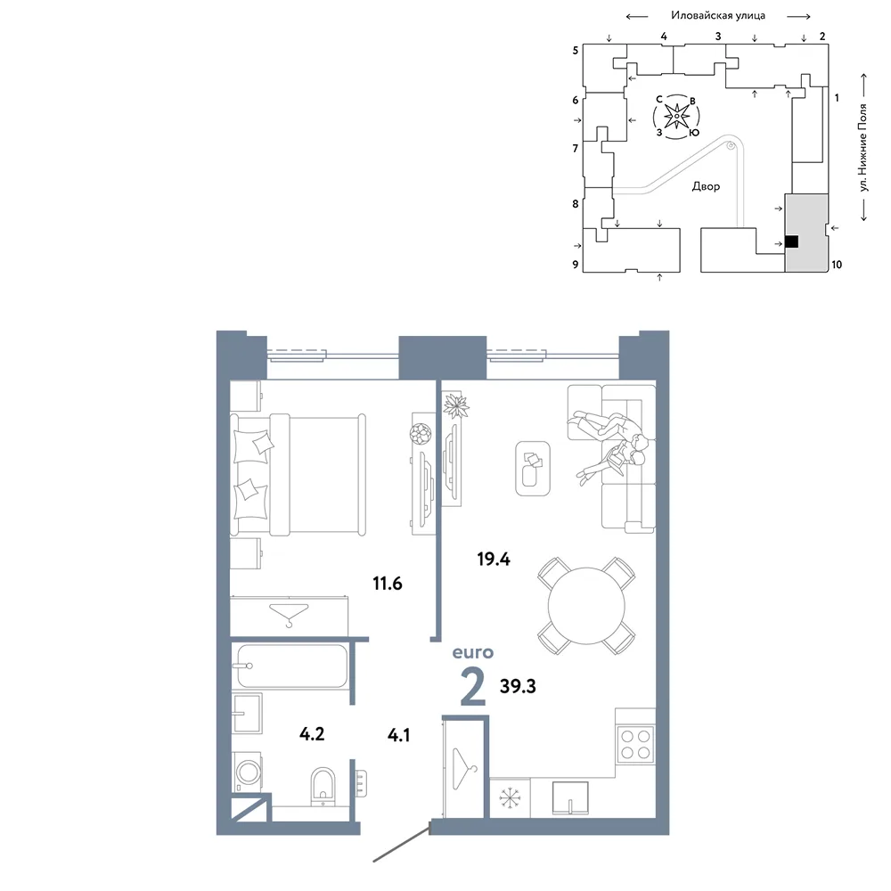 Планировка 2-комн. квартира, 39.3 м² ЖК «Страна.Заречная»